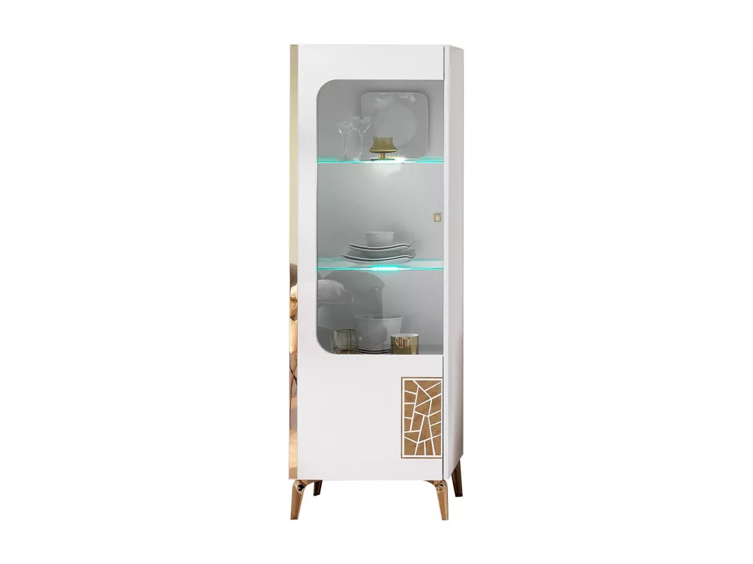 SAFARY - Vitrine 1 Porte Gauche Laquée Blanc et Or Décor Sérigraphié