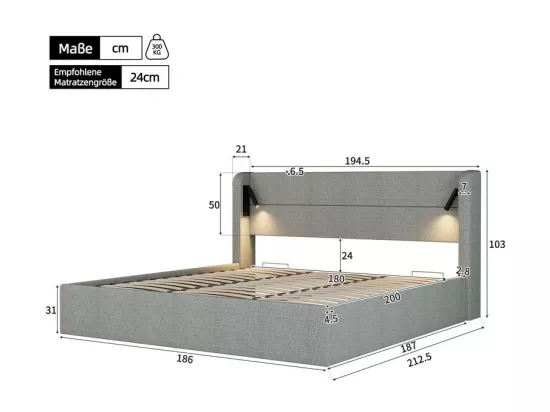 Lit coffre capitonné 180x200 cm - lit double - avec éclairage - sommier à lattes - lin - gris (matelas non inclus)