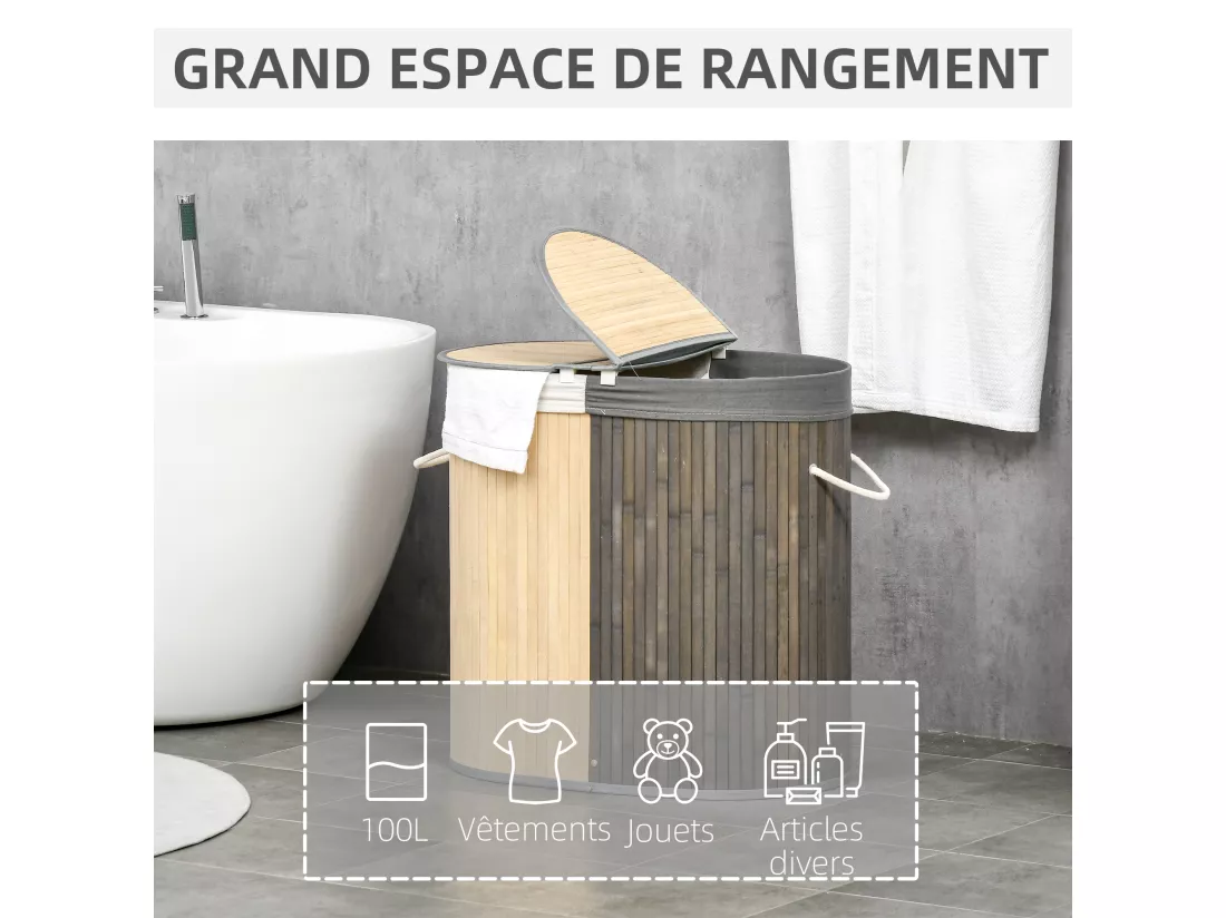 Panier à linge corbeille à linge bac à linge 100 L 2 compartiments couvercle sac amovible 2 poignées tissu bambou
