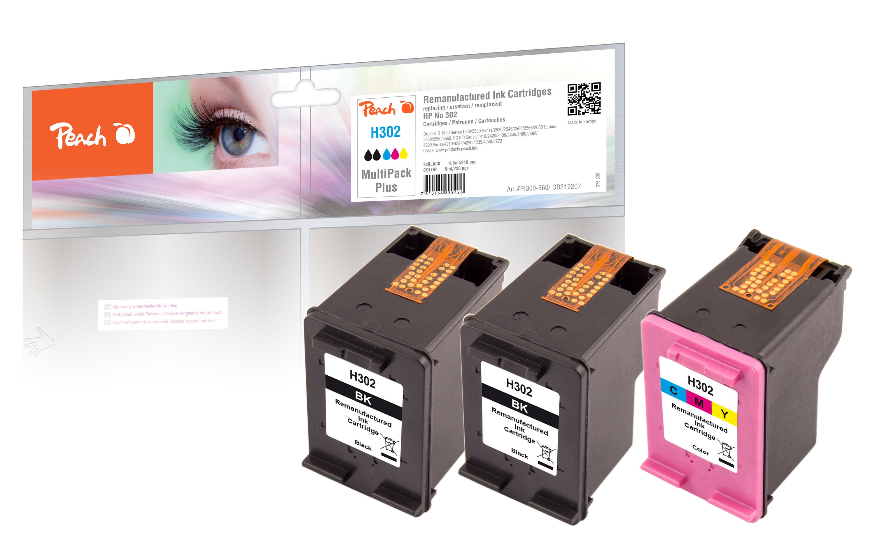 Peach HP 3023 Druckköpfe (2*bk, col) ersetzt HP No. 302, F6U66AE, F6U65AE für z.B. HP OfficeJet 3833, HP Envy 4520, HP OfficeJet 5232 (wiederaufbereitet)