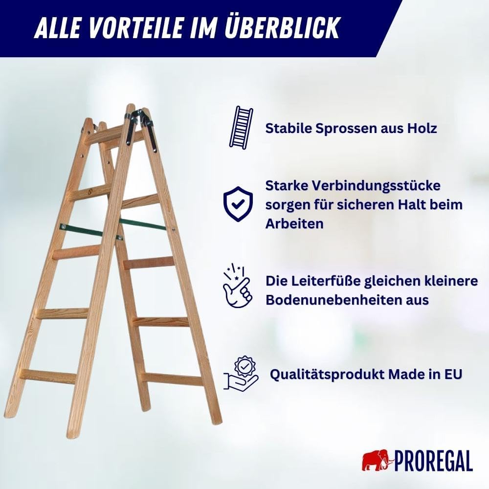 PROREGAL Houten Trapladder Economy Plus, Tweezijdige Toegang, 2 x 5 Sporten, Werkhoogte 3,00 m, Draagvermogen 150 kg