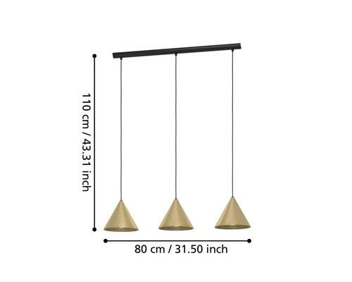 Hanglamp, 3-lichts, HxL 110x92 cm, zwart/goud/messing