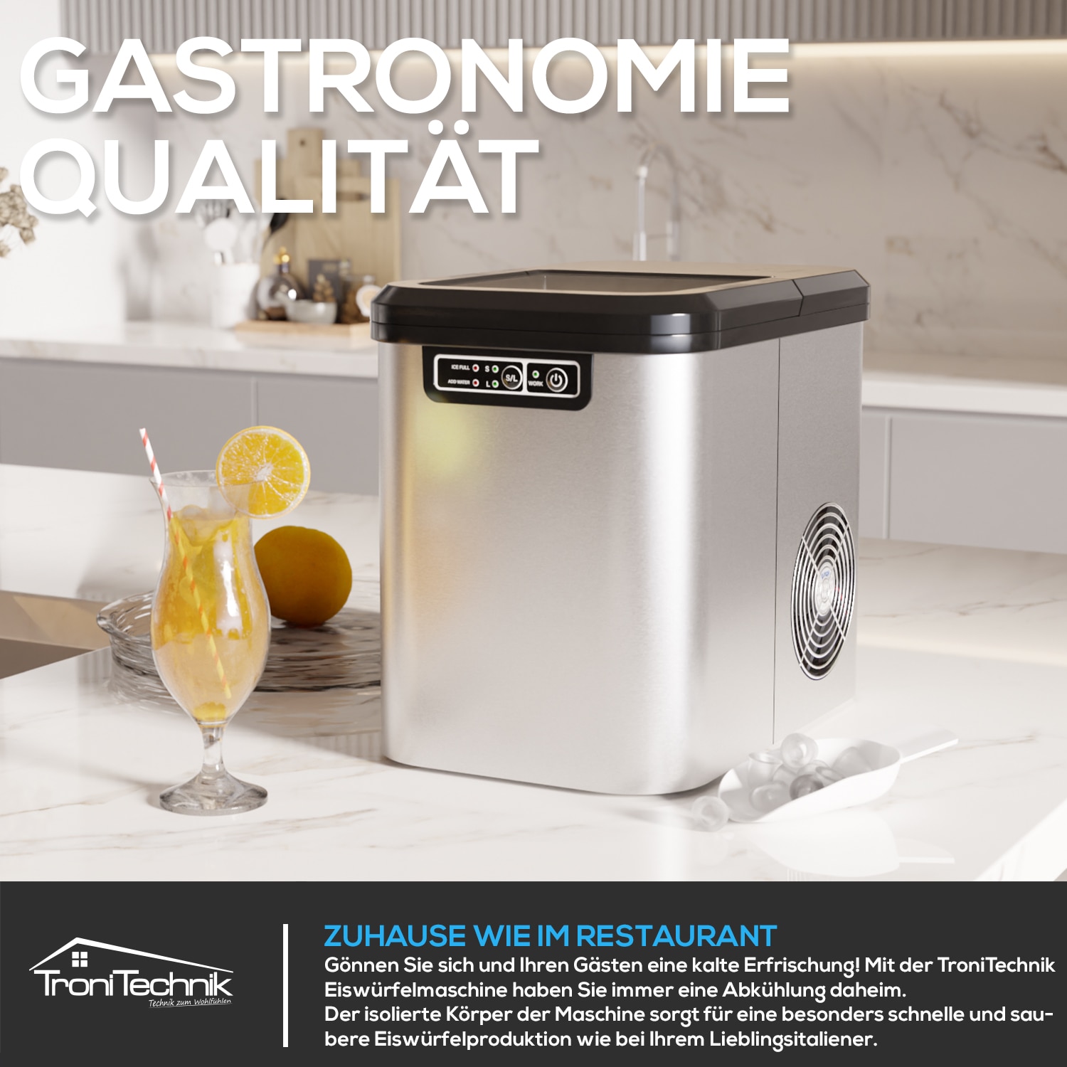 TroniTechnik® Eiswürfelmaschine Eiswürfelbereiter aus Edelstahl , Ice Maker, 12kg/24h, 2,2 Liter Wassertank, 2 Größen, Selbstreinigung