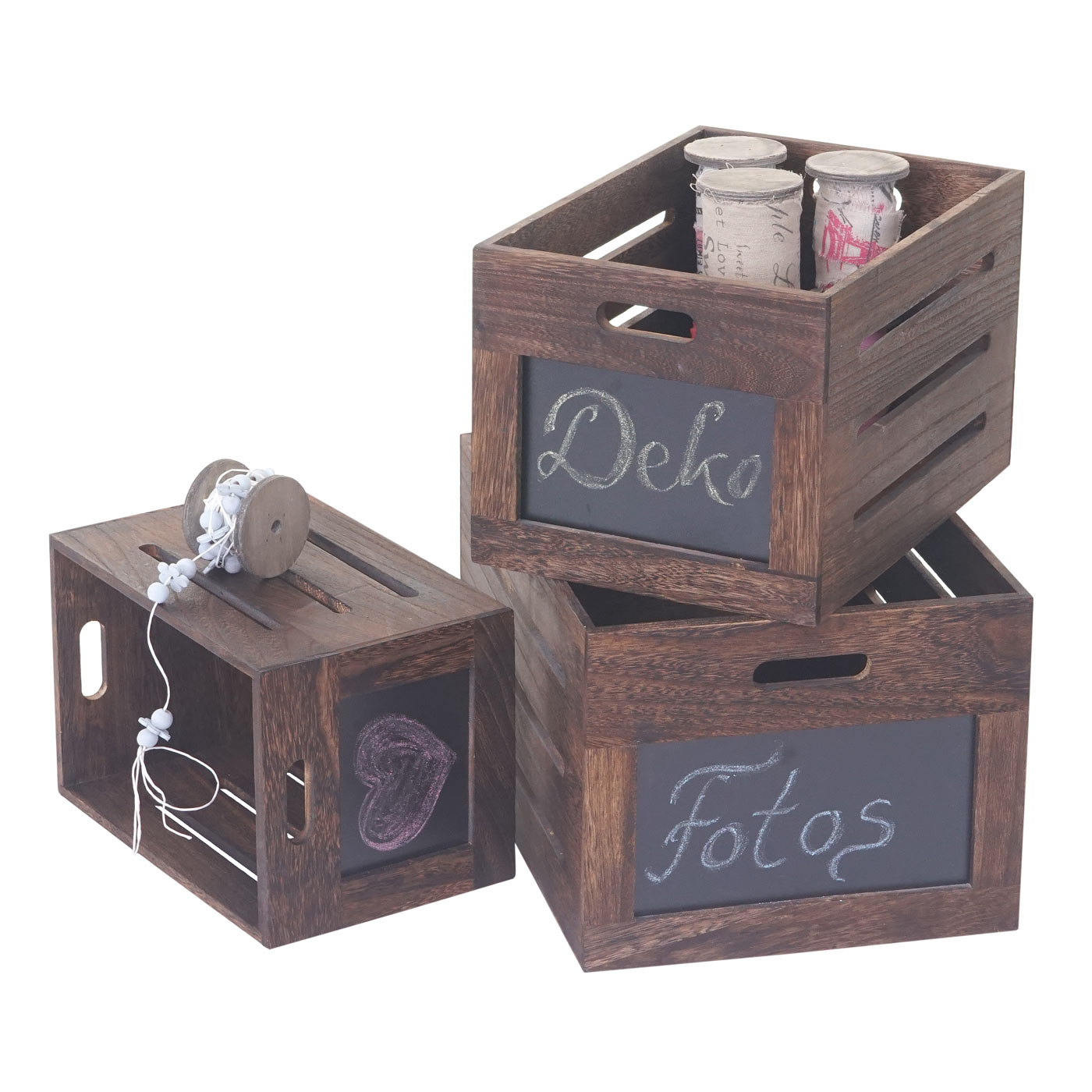 3er Set Holzkiste MCW-E11, Aufbewahrungsbox mit Tafel, Shabby-Look ~ Vintage braun
