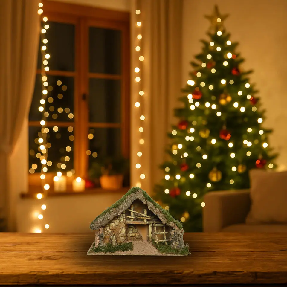 Decoris lege kerststal - L50 x B22 x H31 cm - mdf/mos