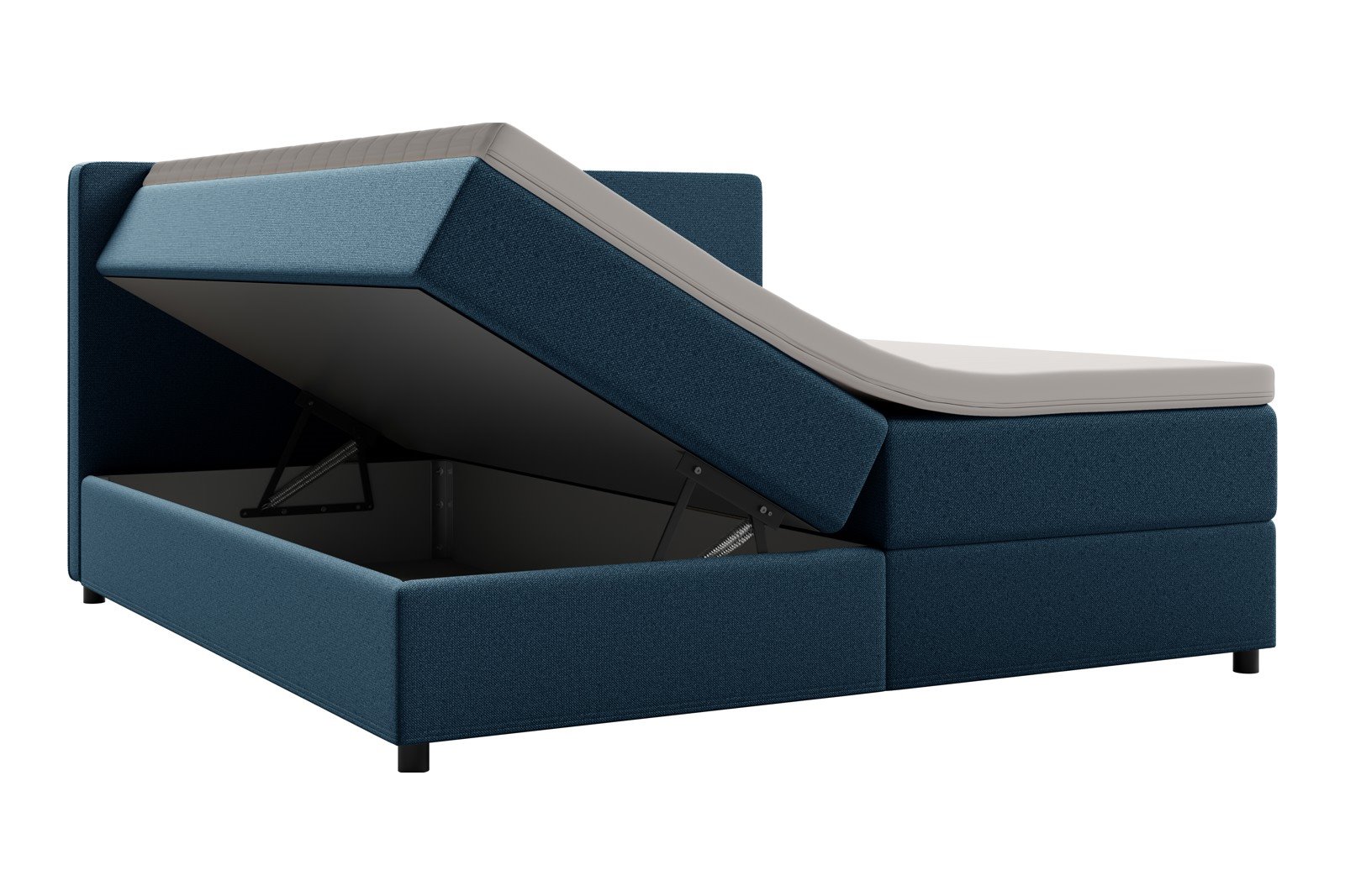 Premium 10 oppbevaringsseng 180x200 cm Magasinseng med oppbevaring, åpnes fra siden. I tekstil terranova 21 blå, med medium fasthetsgrad og premium 10 overmadrass,sorte ben. Sengegavl selges separat.