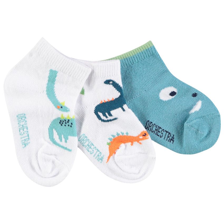 Lot de 3 paires de chaussettes courtes motifs dinosaures pour bébé garçon - Blanc
