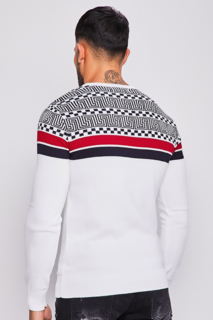 Pull en maille blanc à motifs grecs et bandes
