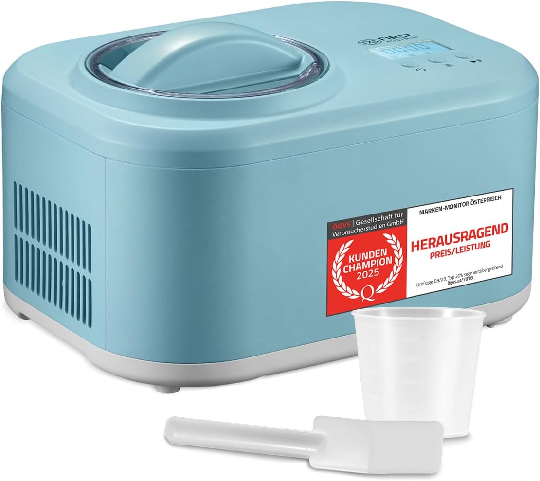 TZS First Austria - Eismaschine 1L mit Kompressor 3 in 1 - Ice Cream Maker 100W selbstkühlend für Frozen Joghurt, Sorbet & Eiscreme - Kleine Speiseeismaschine inkl. Messbecher & Spatel - mint