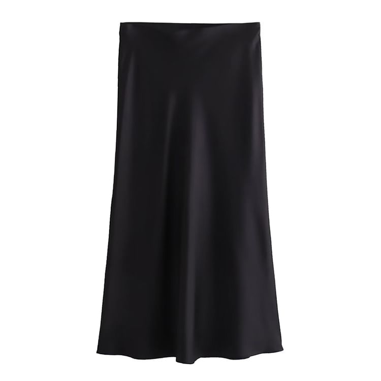 SugaYuja - Hoge taille effen satijnen maxi A-lijn rok