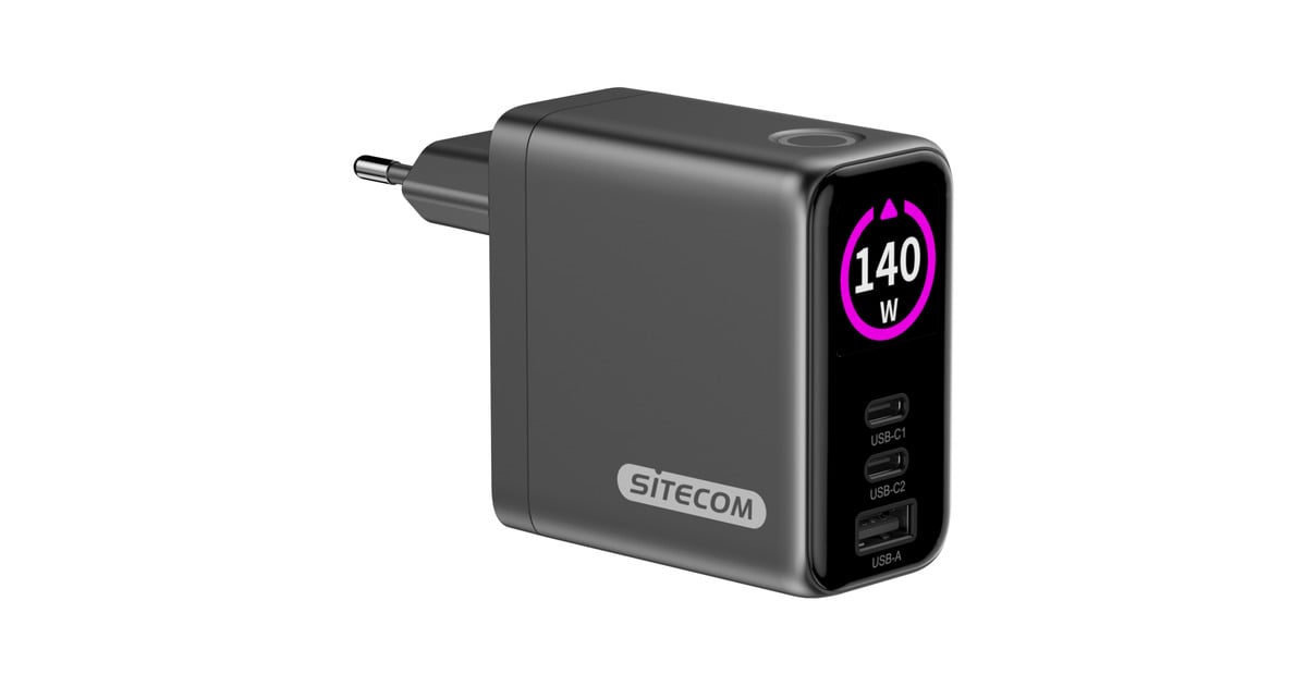 Sitecom140W GaN Power Delivery Wall Charger with full color LED display oplader  (Zwart)