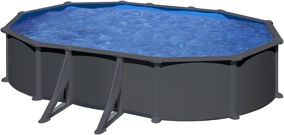 Gre Pools Pool Oval Stahl 6,34 m x 3,99 m x 1,32 m – Anthrazitgrau – Sandfilteranlage – sichtbare Verstärkungen