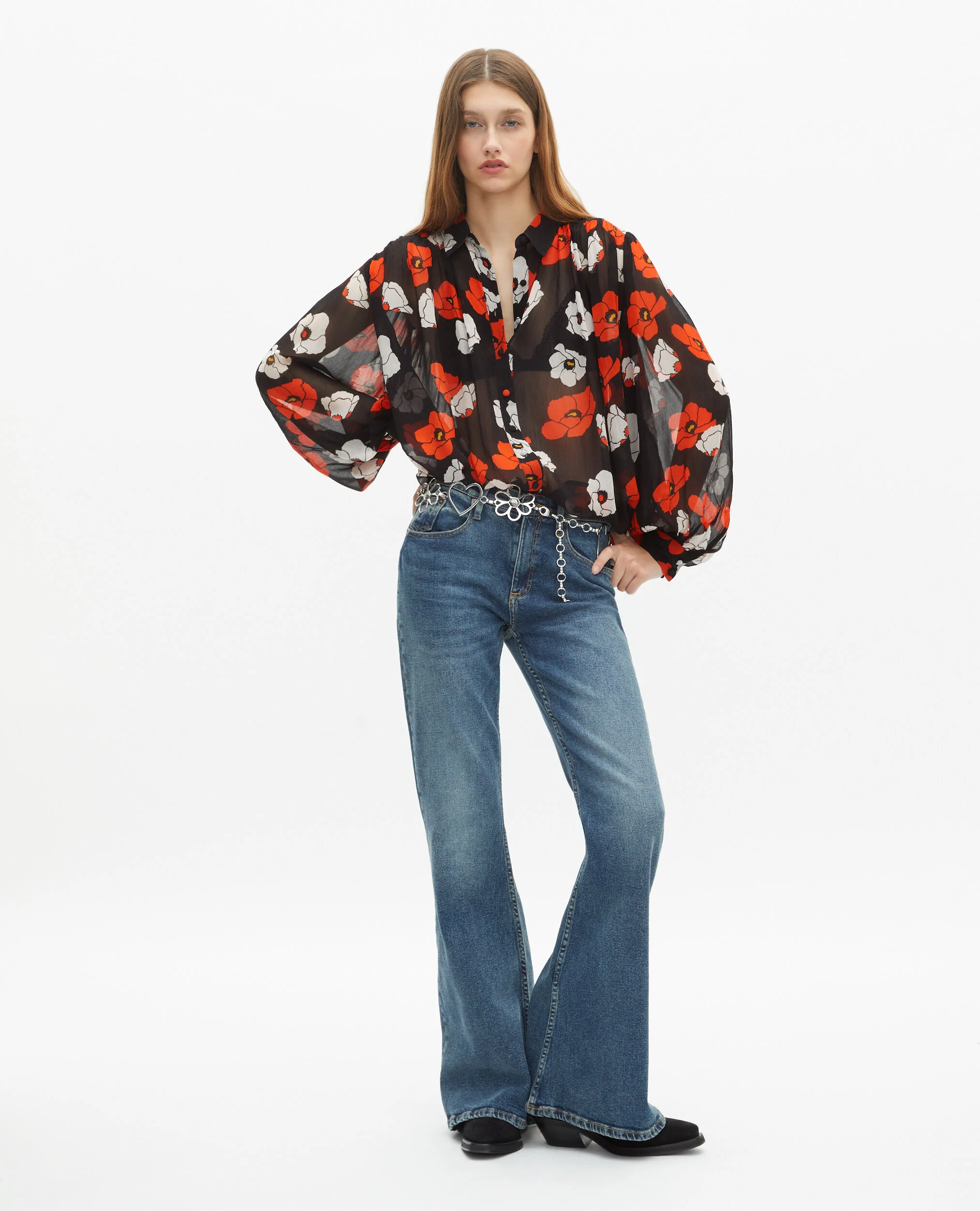 Chemise ample imprimé fleuri noire