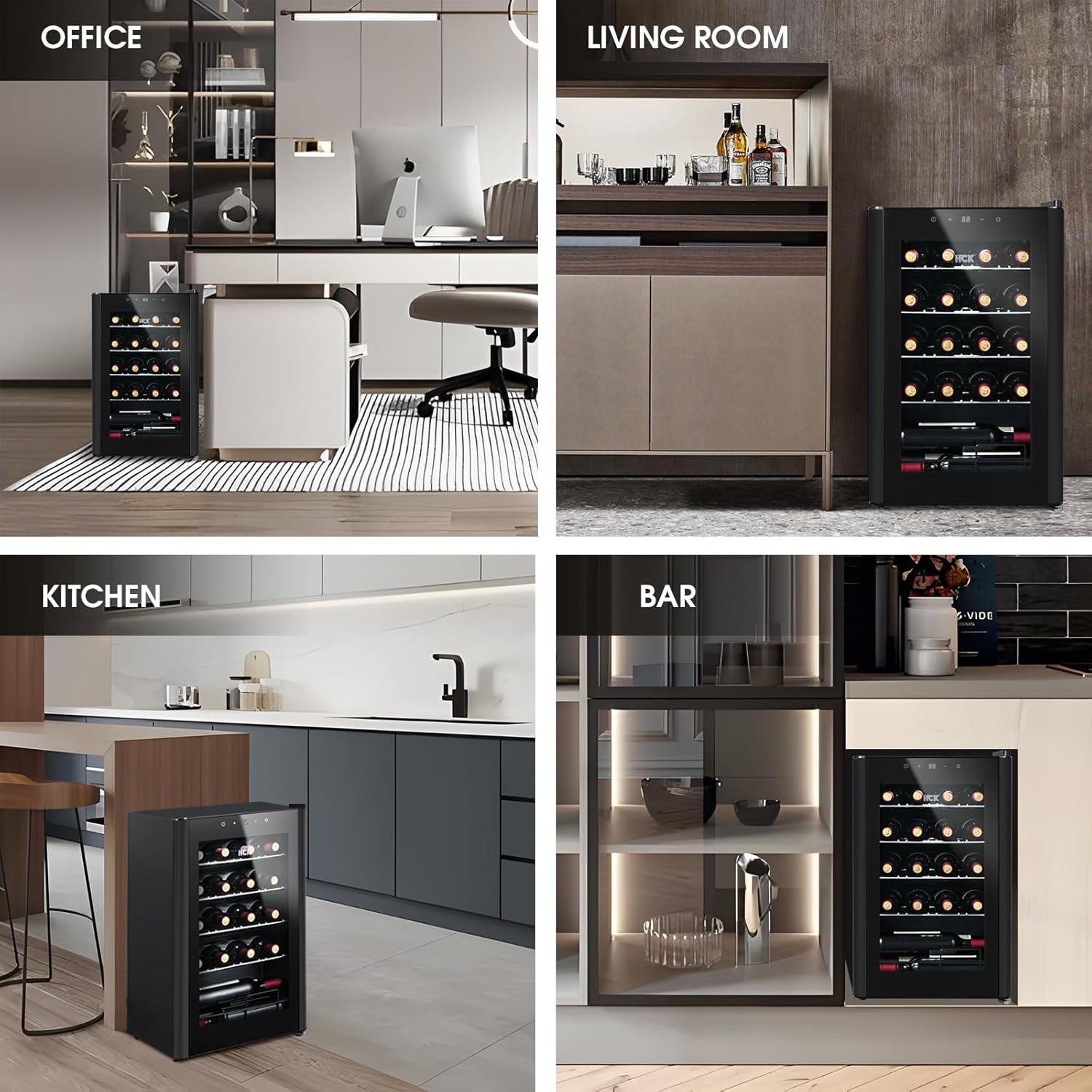 HCK 70L Weinkühlschrank für 24 Flaschen, 4-22°C Weinkühlschränke Flaschenkühlschrank, Getränkekühlschrank mit Glastür, Geräuscharmer Weinschrank, Frostfreie Glastür, Vollglas-Touchpanel, Schwarz