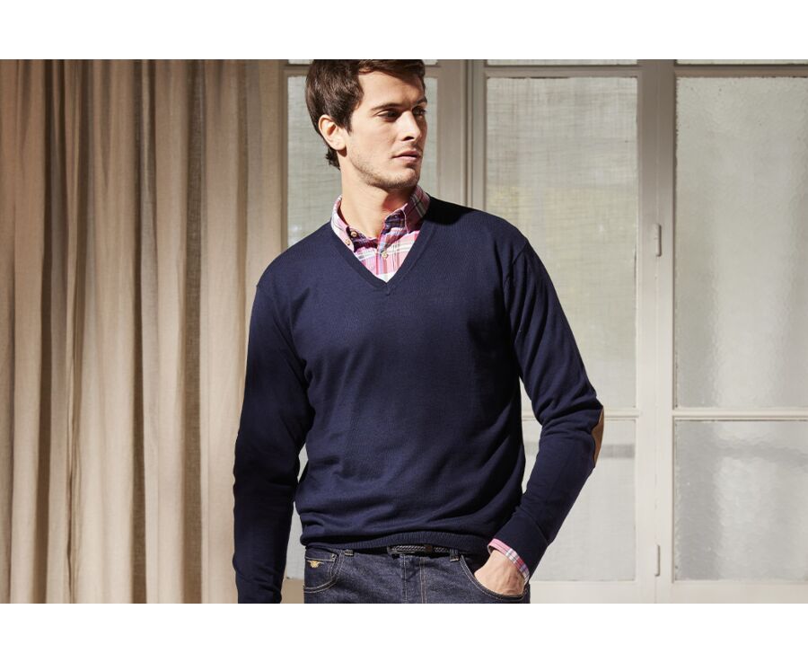 Pull fin coton bio/cachemire col V Navy - VADIM