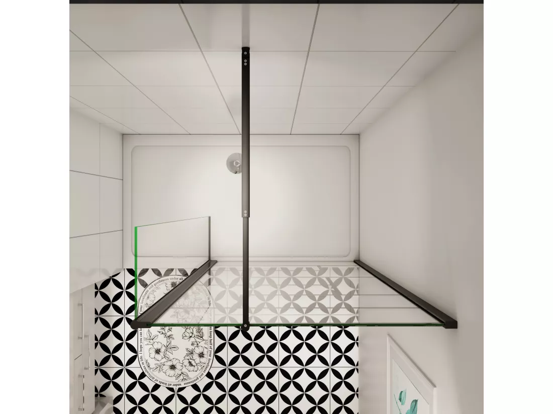 AICA paroi de douche industrielle noire 100x200cm avec un retour pivotant 40cm livré avec une barre de stabilisation 90cm