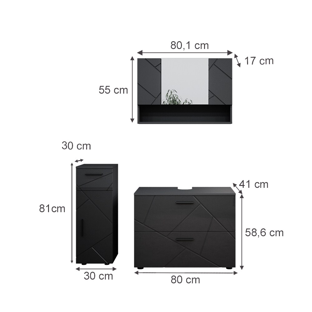 Vicco Badmöbelset Irma Anthrazit Hochglanz modern 80 cm 30 cm Badezimmerschrank Badschrank Badezimmermöbel Waschtischunterschrank Spiegelschrank Midischrank Schranktür Schrankfach Schrankschublade
