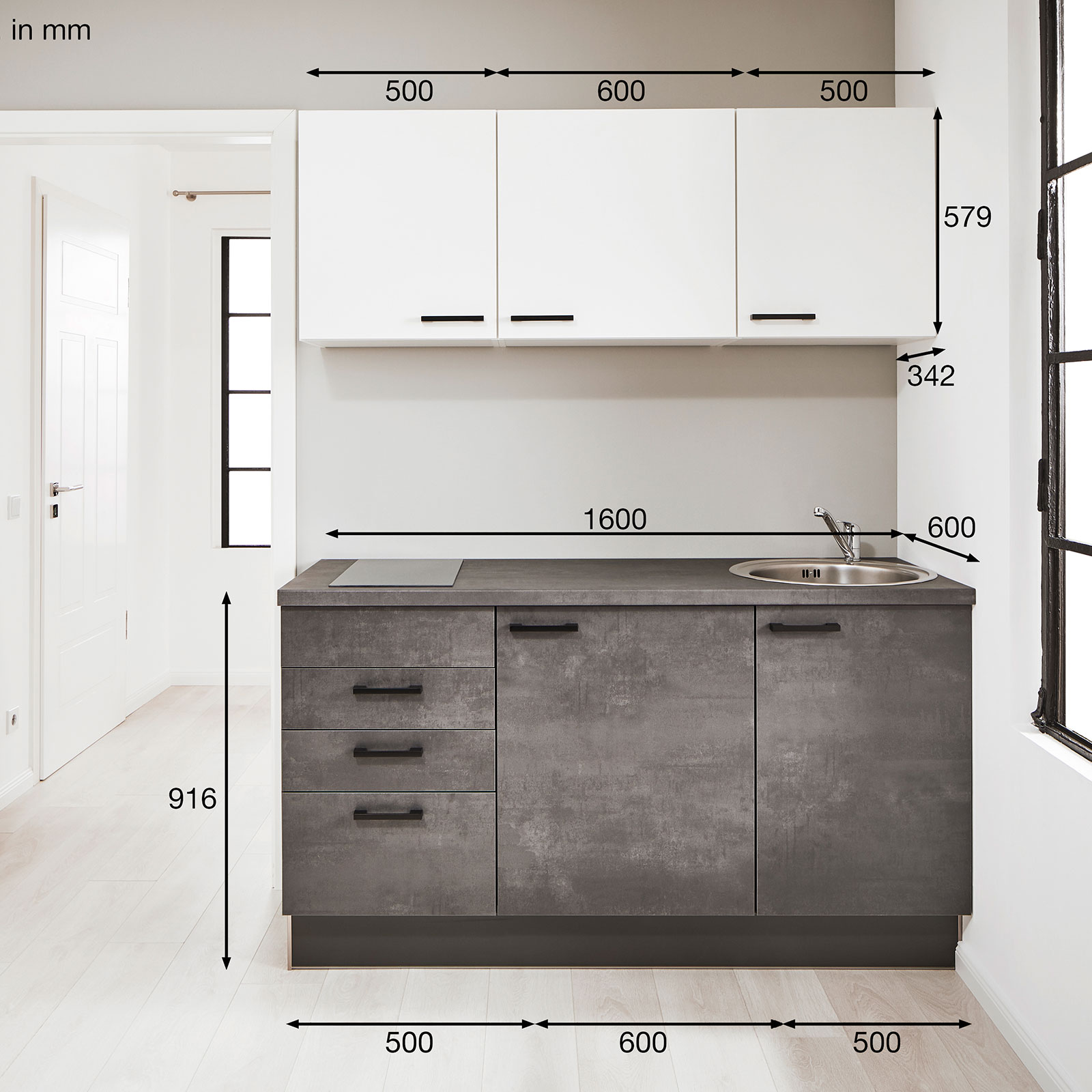 Single-Miniküche - Beton-graphitgrau-weiß - mit E-Geräten - 160 cm