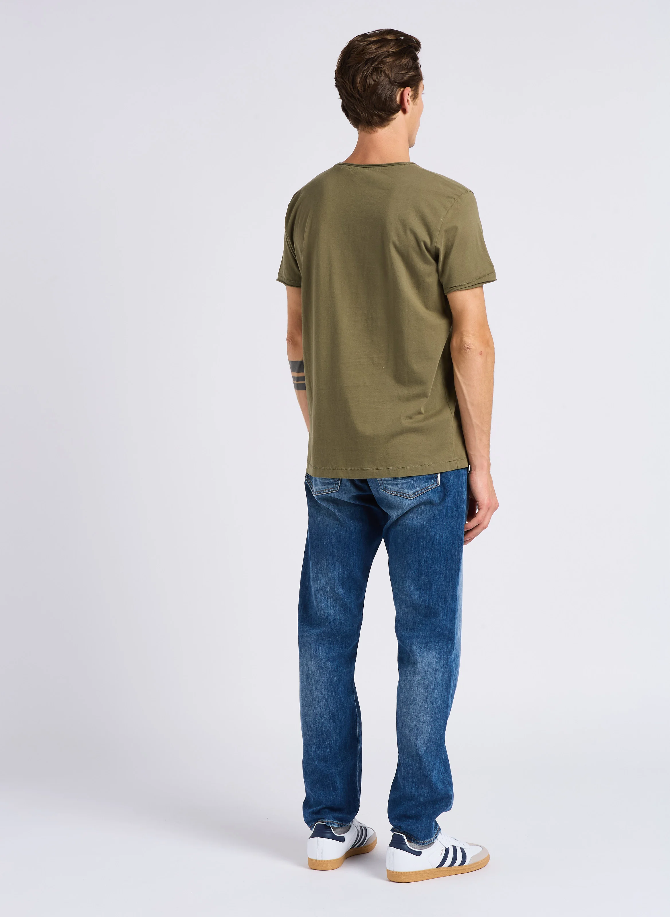 GRIBS - Tee-shirt droit à col V rouloté en coton | Vert