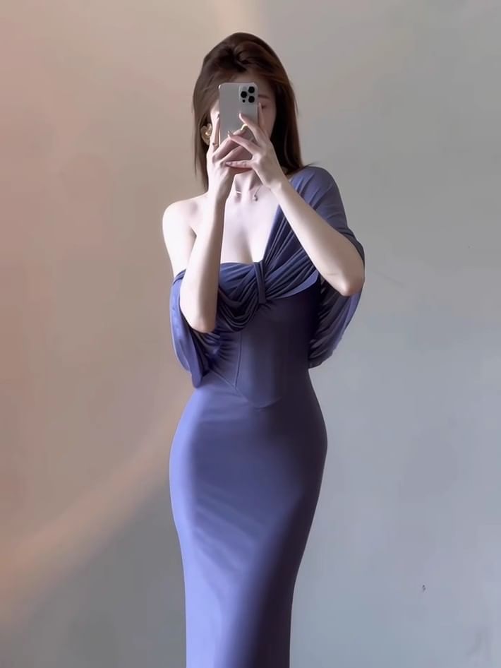 JIYON - Maxi-jurk met één schouder, effen gerimpeld en bodycon-motief