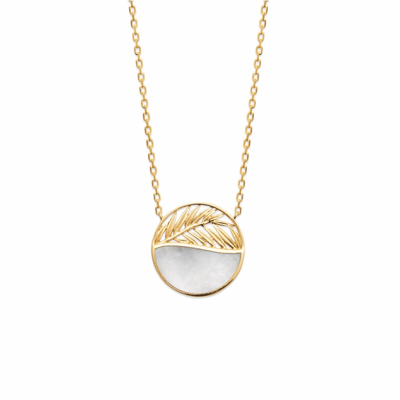 Collier Nacre Palme Plaqué Or Plume de Paon