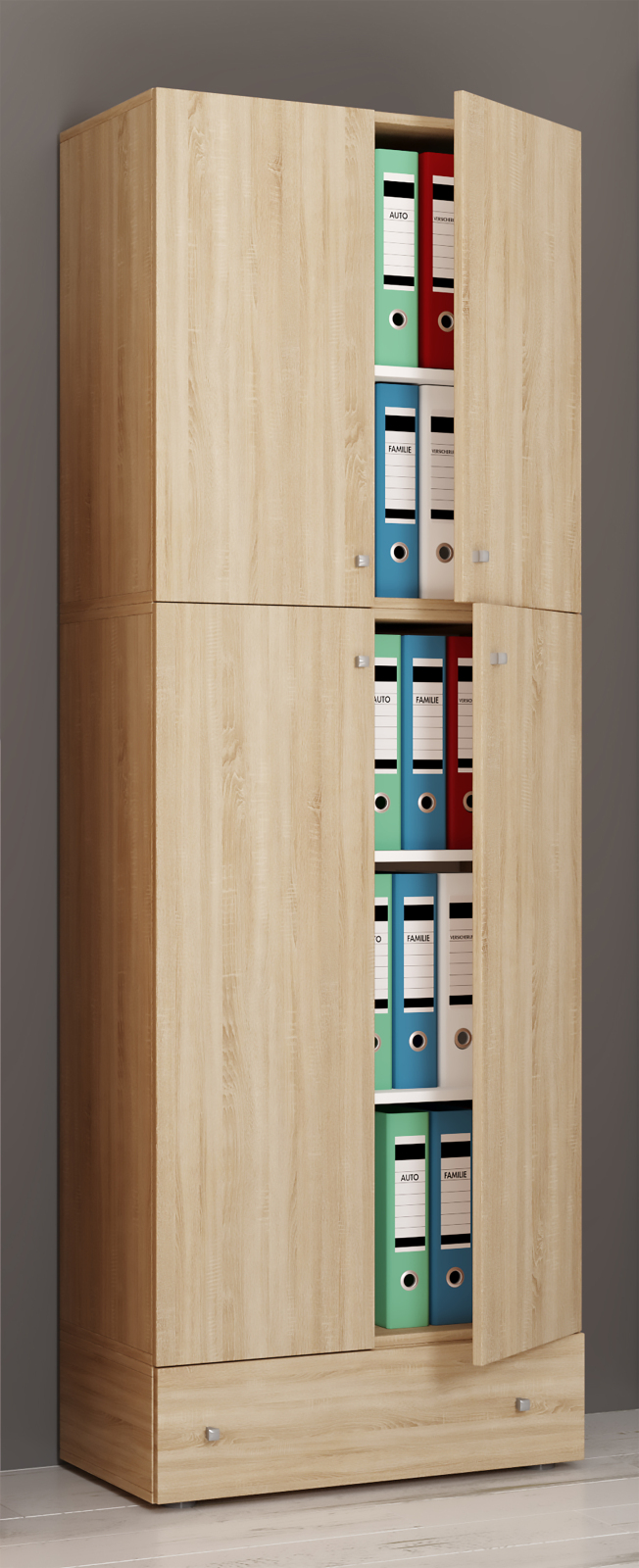 Büroschrank LONA XXL - Sonoma Eiche - mit Drehtüren und Schublade - 200 cm hoch