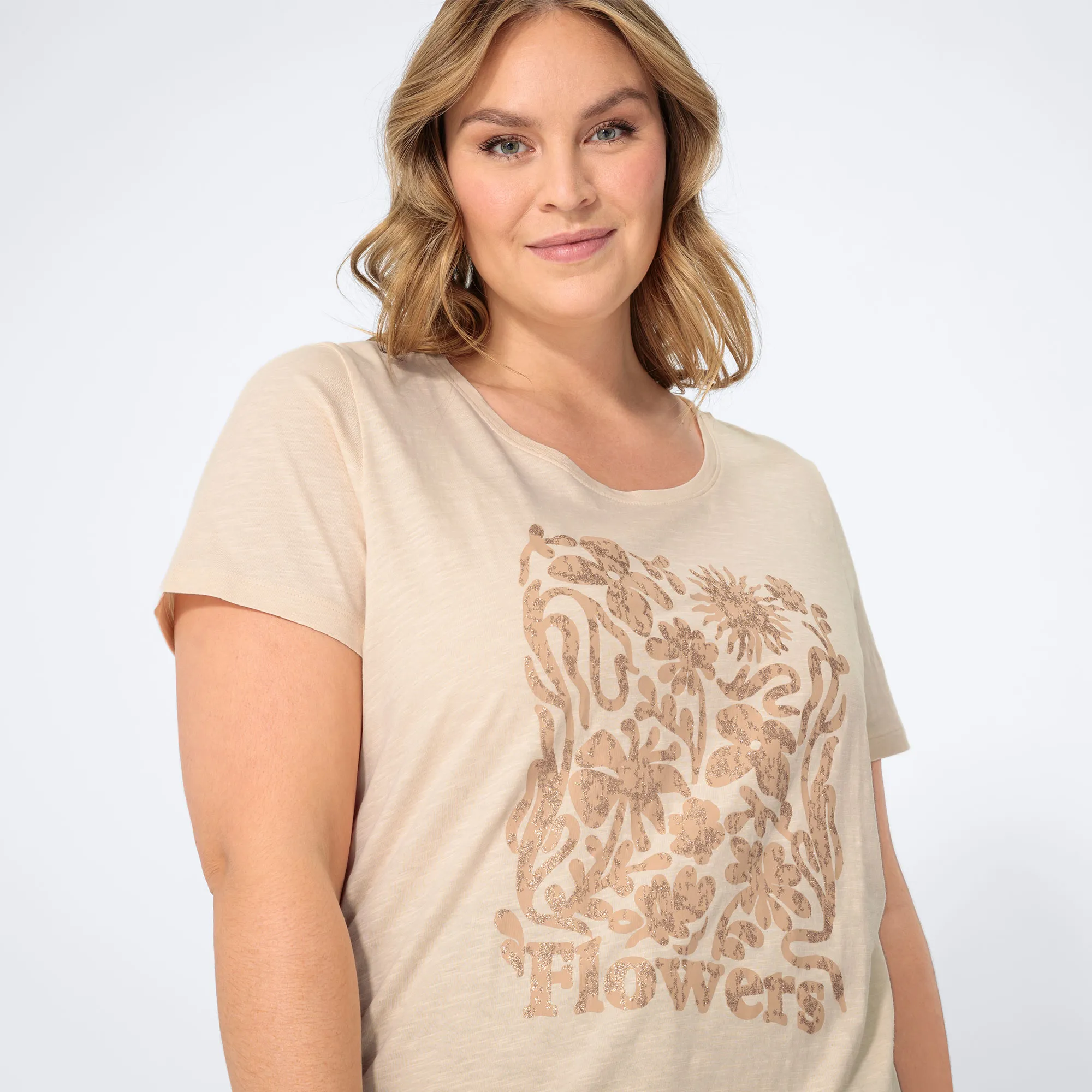 Damen-T-Shirt mit glitzerndem Frontaufdruck, große Größen