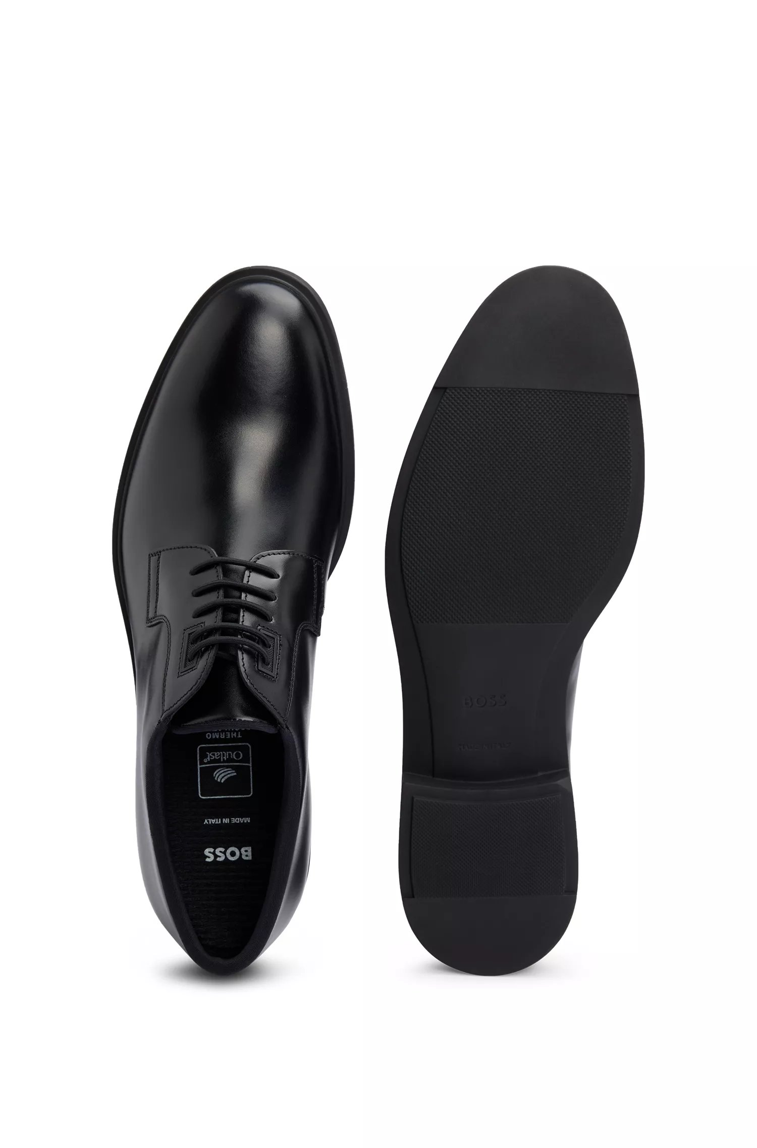 Sapatos Derby BOSS pretos, fabricados na Itália, em couro com detalhes em debrum.