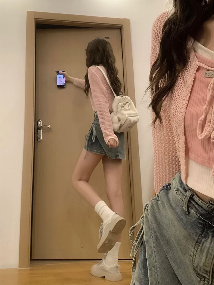 Girliepairs - Hoge taille asymmetrische trekkoord gewassen mini potlood denim skort