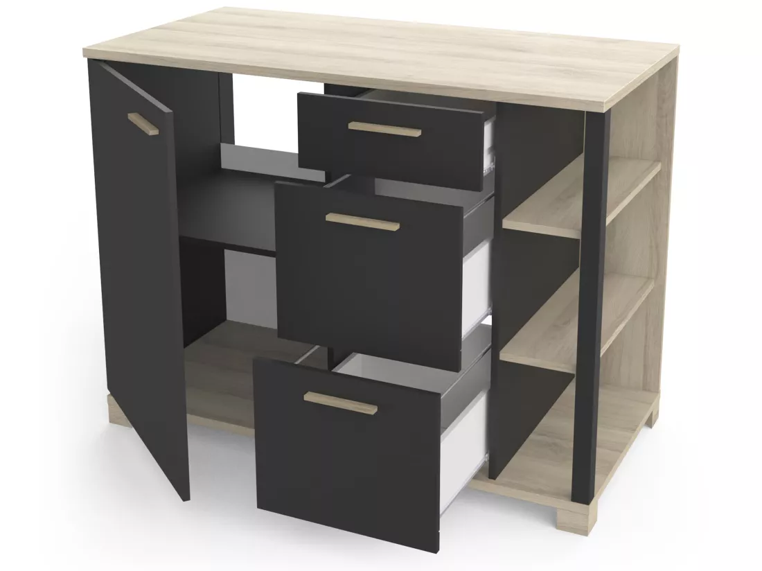 Meuble bas coloris chêne kronberg / noir - longueur 120 x profondeur 60 x hauteur 90 cm