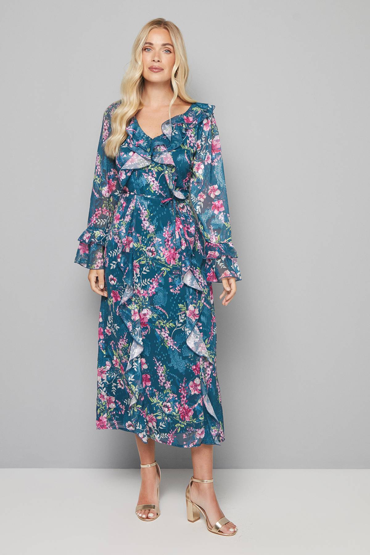 Wallis Robe Midi Petite à Motifs Floraux avec Volants et Ceinture