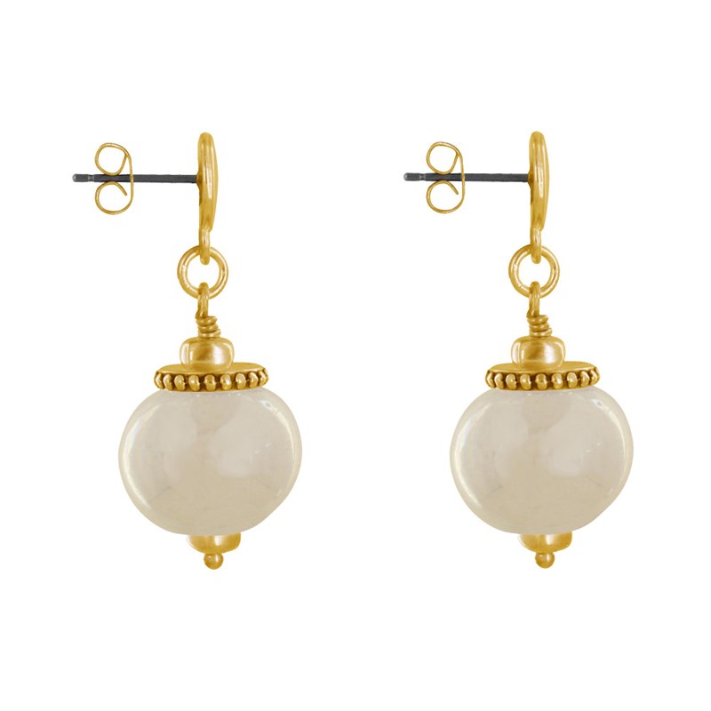 Boucles d'Oreilles Clous Métal Doré et Grosses Perles en Céramique