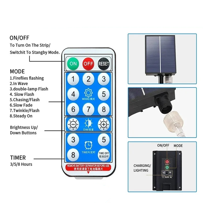 (5m) 600 LED's Solar Lichterkette Outdoor USB Leuchtstreifen Dimmbare Wegbeleuchtung Lichter Band mit 8 Modi inkl. Fernbedienung (IP65) - Warmweiss