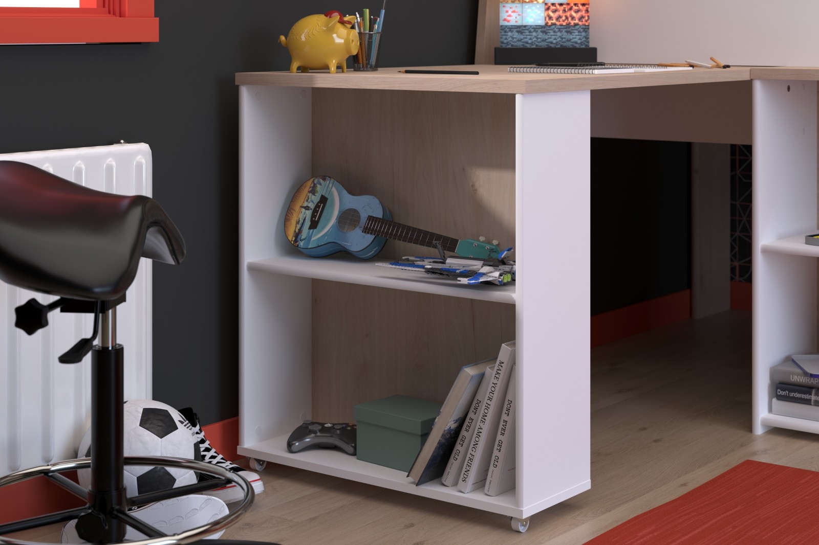 Hochbett LUCAS - weiß - Japanische Eiche - mit Schreibtisch