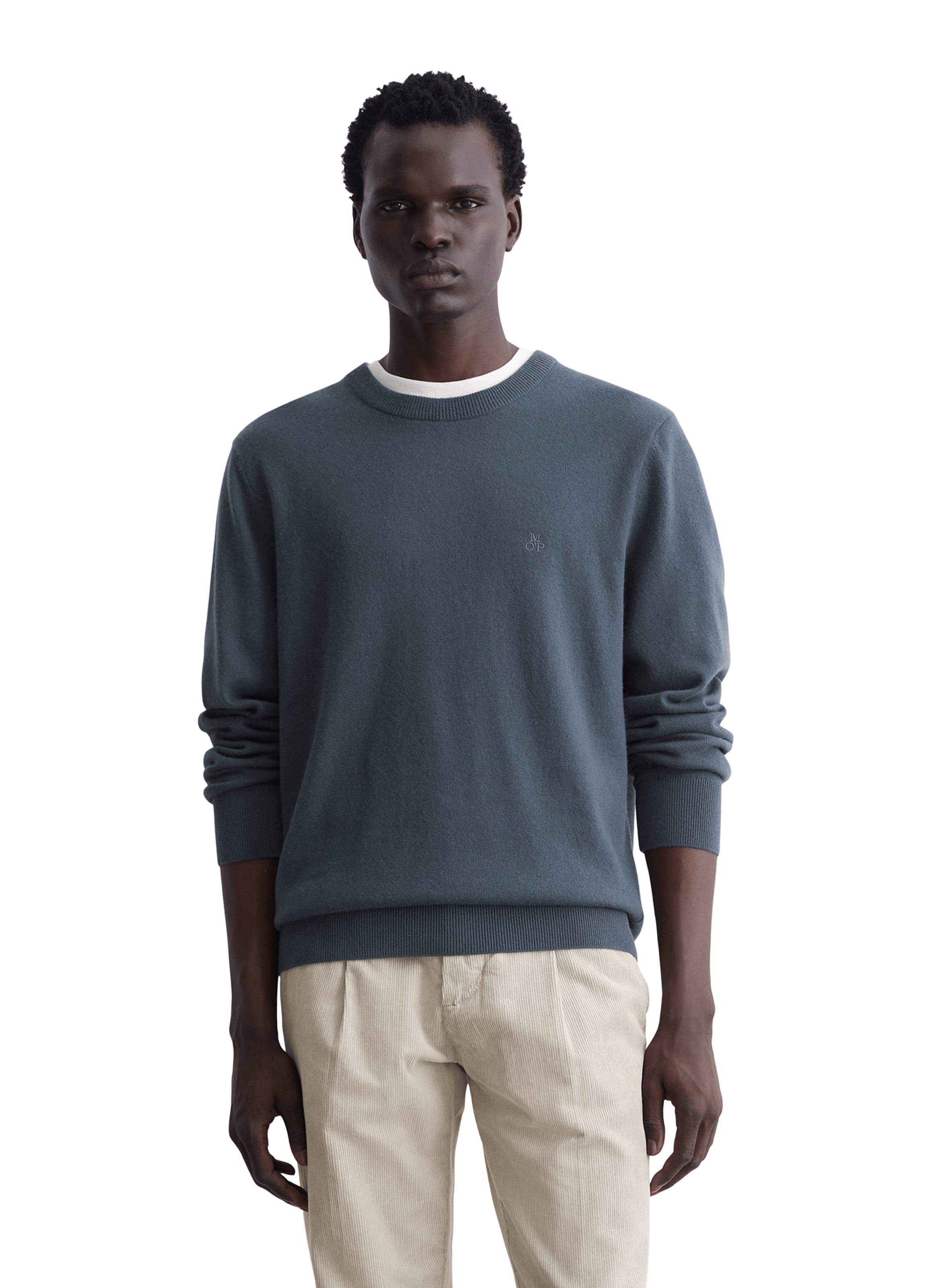 Pull col rond droit en coton bio et laine mélangé | Bleu