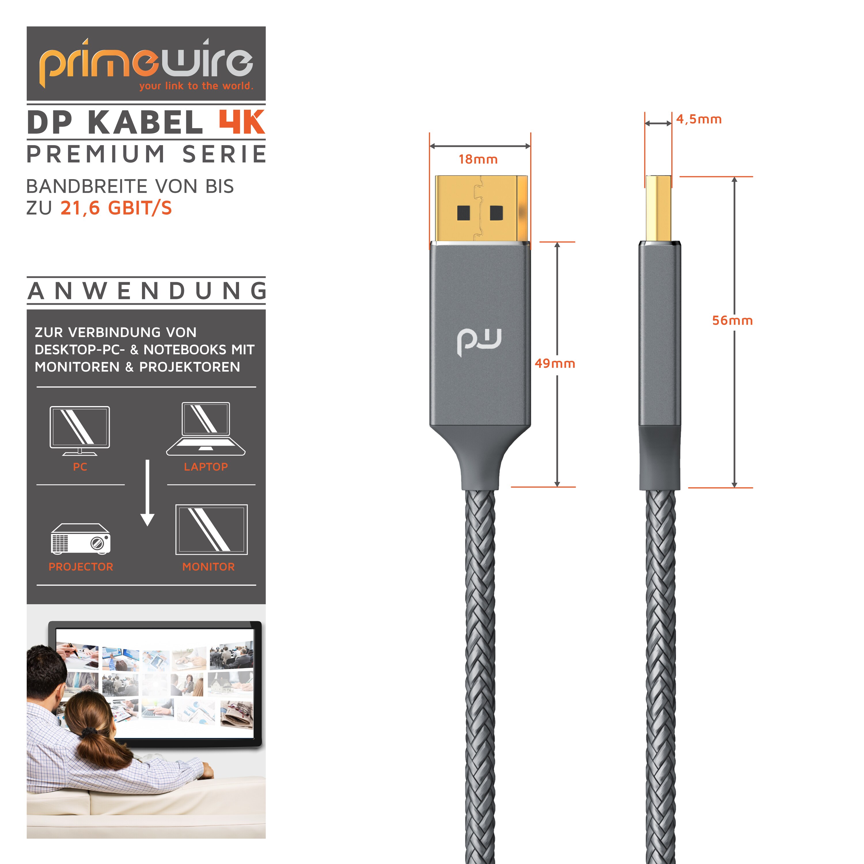 Primewire Premium DisplayPort auf DisplayPort Kabel mit Nylonummantelung 4K 3840 x 2160 @ 60 Hz - 3m
