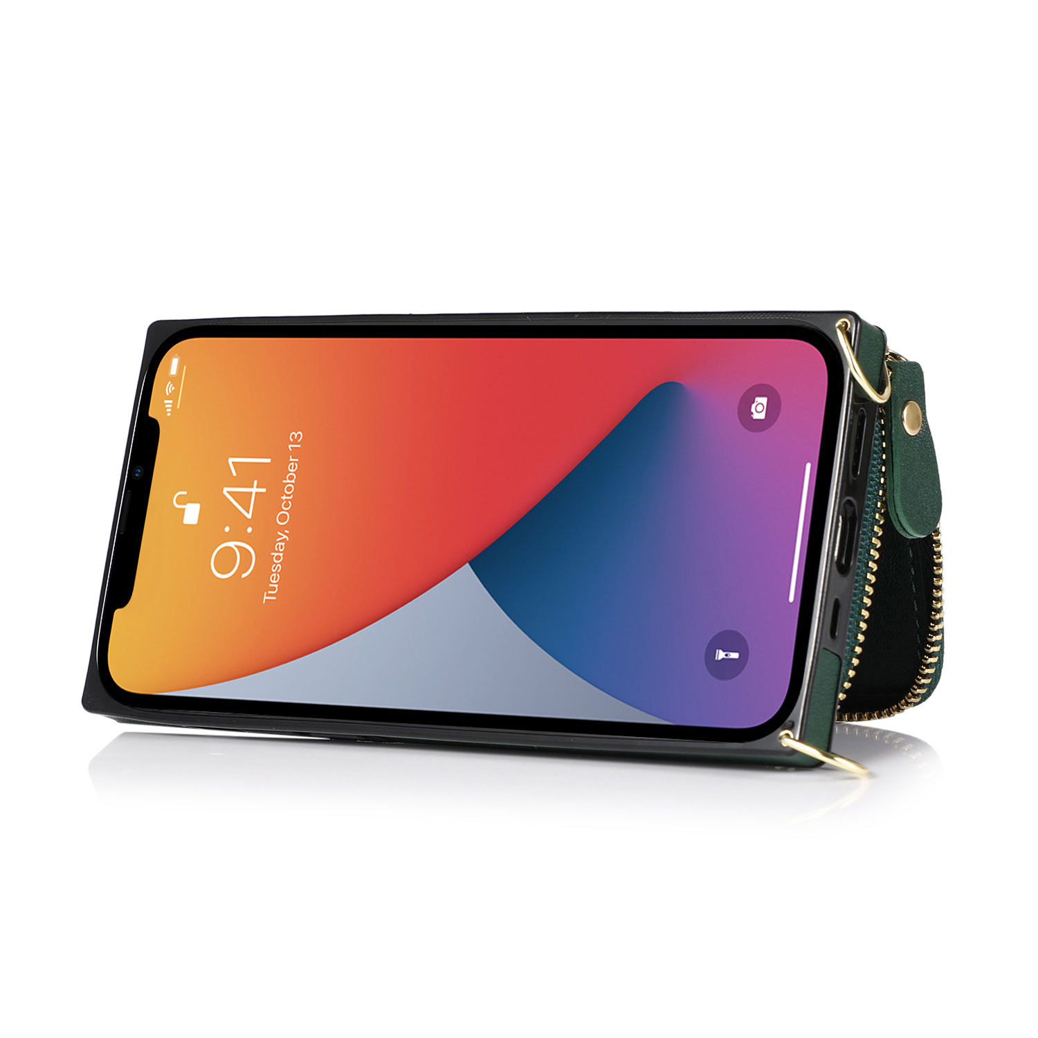 iPhone 13 Necklace Leder Schutz Hülle mit Kartenfächer   Handykette (140cm) - Grün