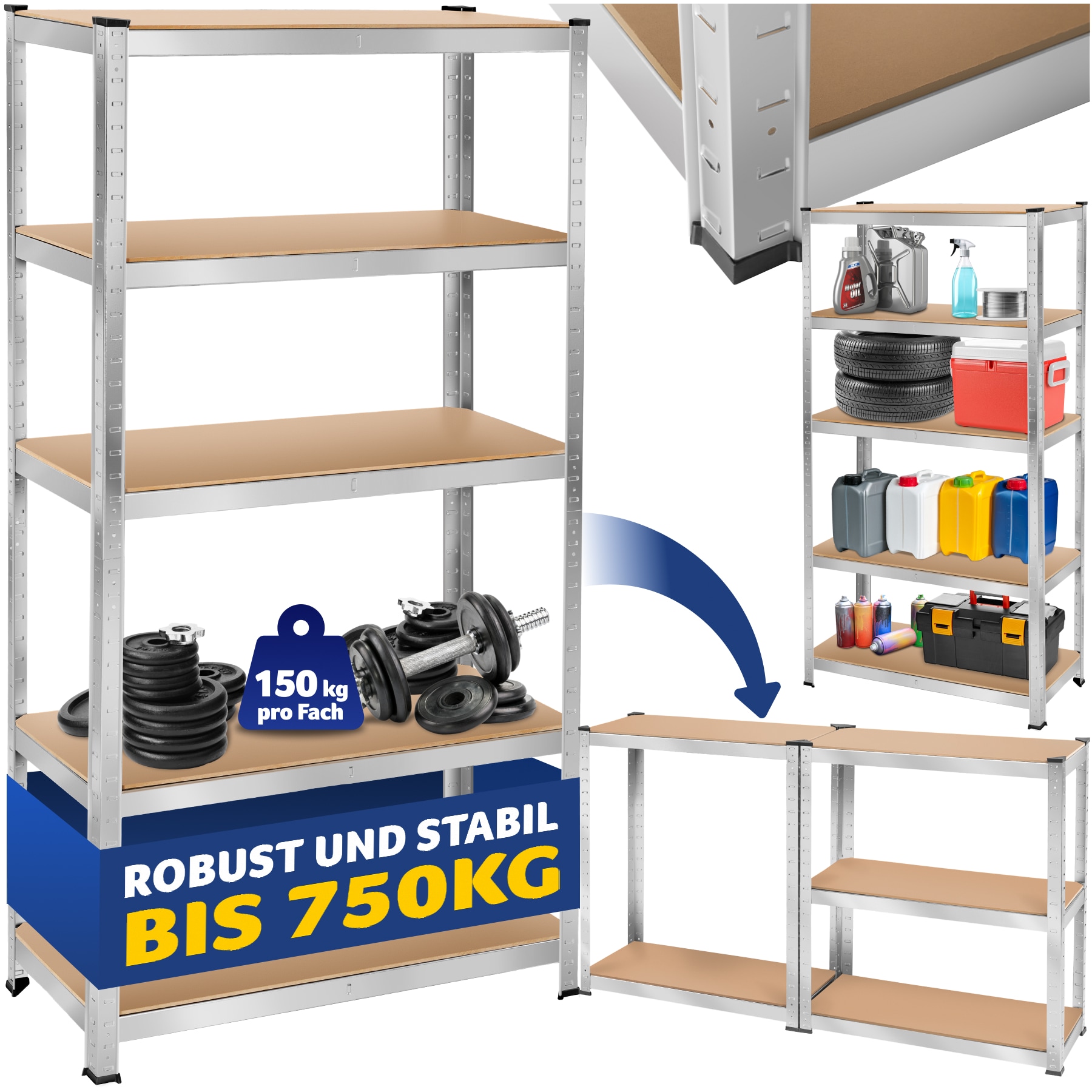tectake® Schwerlastregal, in verschiedenen Ausführungen, belastbare, höhenverstellbare MDF-Böden, schnelle Montage