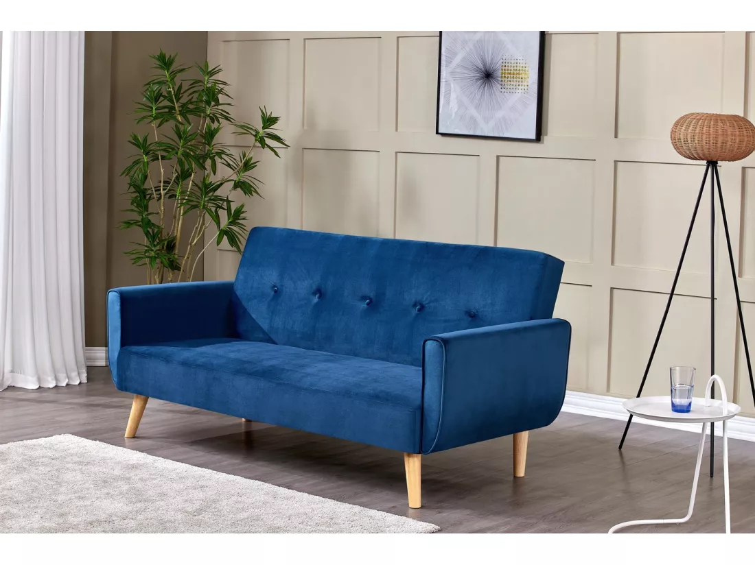 Canapé scandinave convertible 3 places velours bleu nuit BERLIN