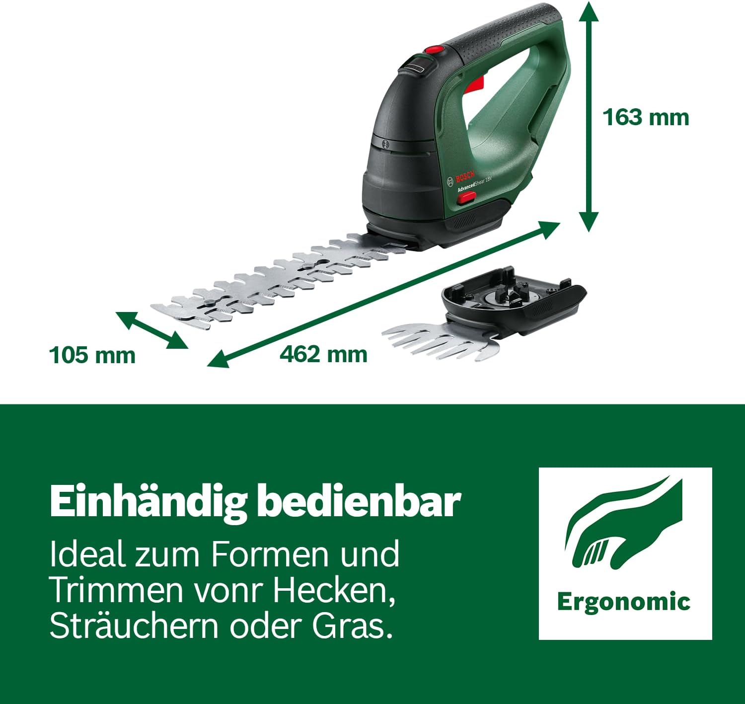 Bosch Akku Grasschere AdvancedShear 18V-10 (1 Akku 2,0 Ah, 18-Volt-System, schneidet bis zu 85 m² pro Akkuladung, mit Strauch- und Grasscherenmesser, im Karton)