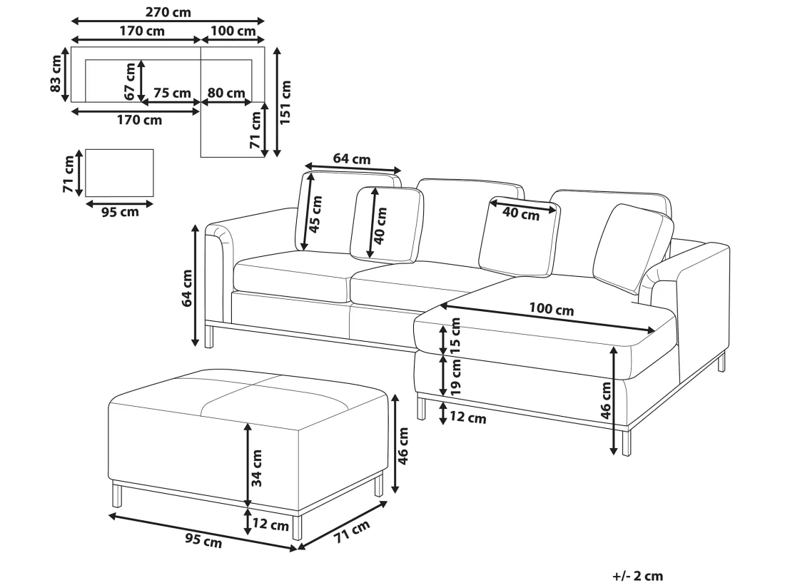 Canapé Angle à droite en Cuir Véritable Noir et Pouf Ottoman Housses Amovibles Oslo