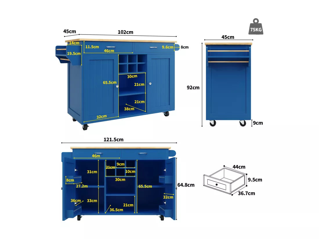 Ilot central de cuisine mobile avec 2 portes et 2 tiroirs - 102x45x92 cm - Bois MDF - Bleu et naturel