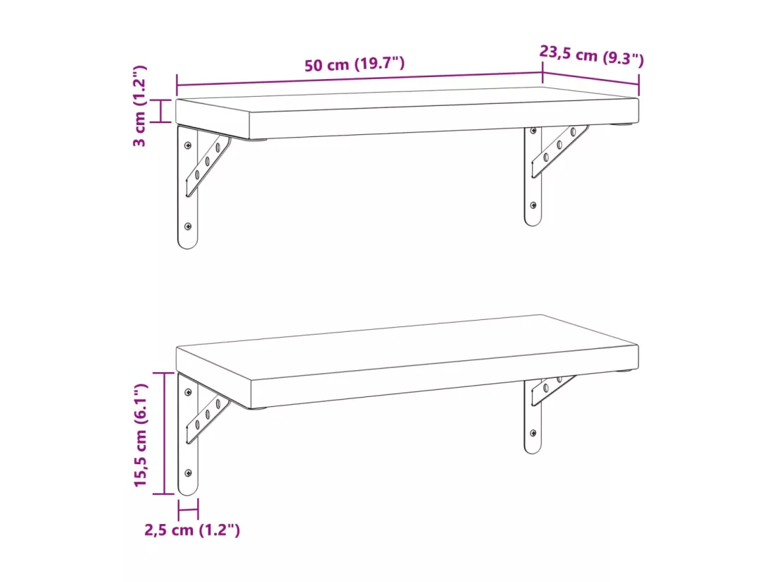 Étagères murales 2 pcs 50x23,5 cm argenté acier inoxydable