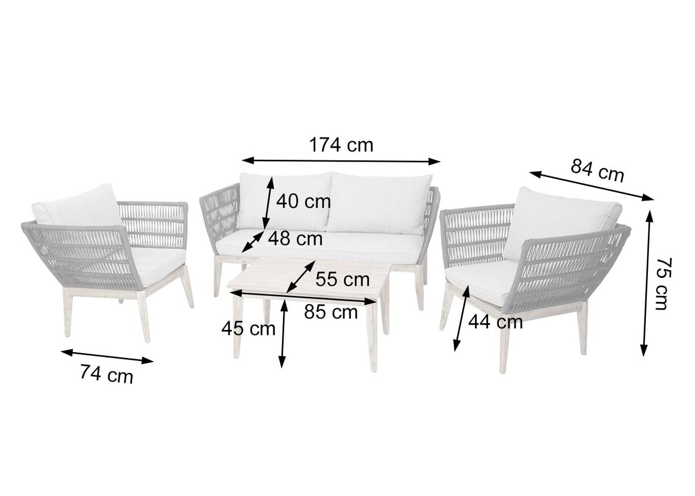 Gartengarnitur MCW-H55, Lounge-Set Sofa Sitzgruppe, Seilgeflecht Rope Holz Akazie Spun Poly MVG ~ Kissen hellgrau