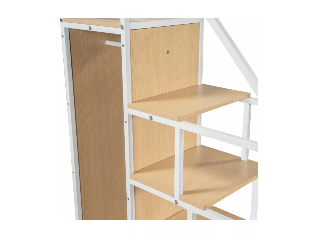 Lit mezzanine 90x200 cm - avec petite armoire et étagères de rangement - Blanc
