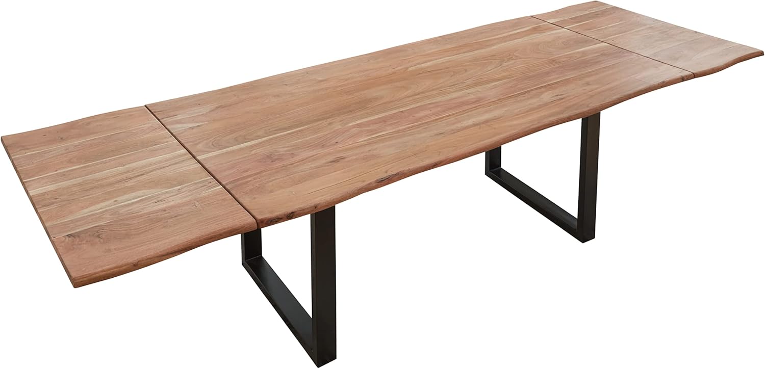 SAM Baumkantentisch 140 (220) x 90 cm Norina, Akazienholz massiv & stonefarben lackiert, Esszimmertisch inkl. 2 Ansteckplatten, echte Baumkante, Esstisch mit U-Metallgestell in Schwarz