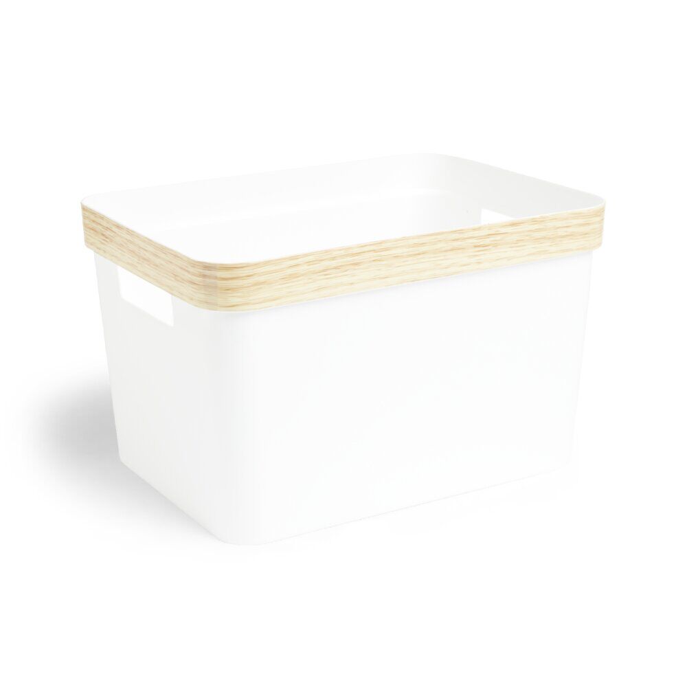 Panière blanche rebord imitation bois 35,5x26xH21,5cm