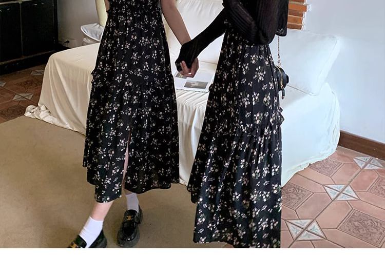 Zeedaren - Spaghettibandjes bloemenprint ruche split midi A-lijn jurk / korte mouw jurk