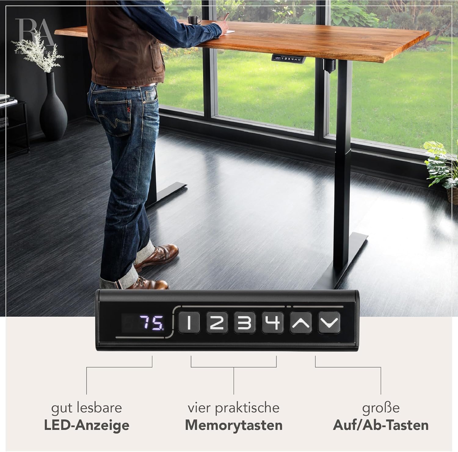 Riess Ambiente Höhenverstellbarer Schreibtisch Mammut - 160cm - Natur schwarz - Akazie Massivholz - elektrisch Baumkante