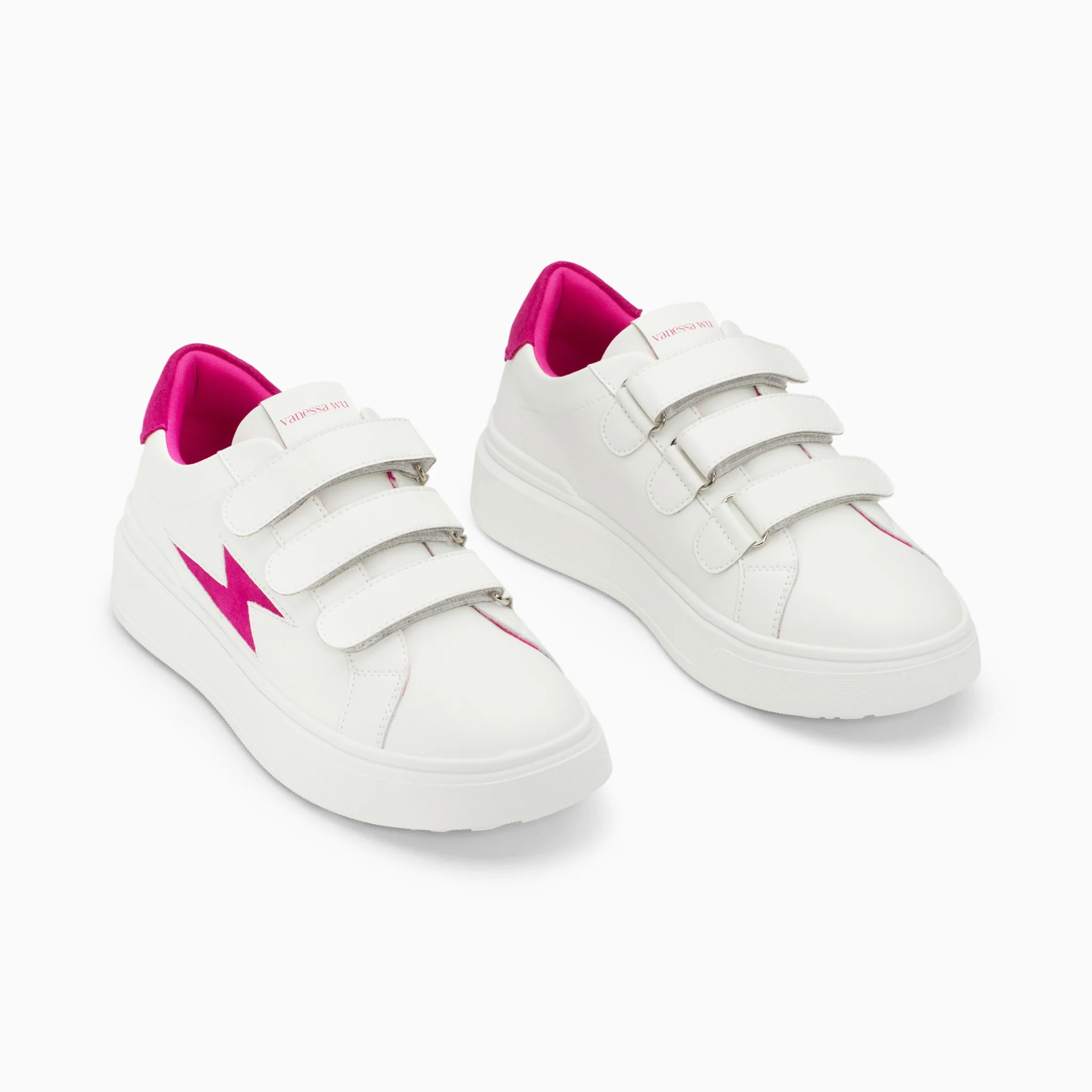 Sneakers-Baskets éclair Fanny blanc et fuchsia à scratchs